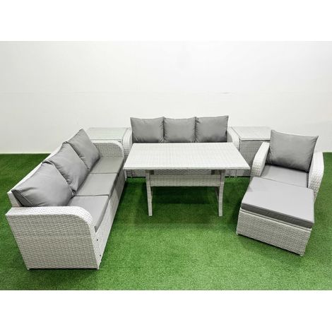 Fimous 8 Seater Poly Rattan Outdoor Garden Furniture Rectangular Dining Table Sofa Set Patio 3 Seater Sofa Reclining Chair 3 Seater Sofa Big Footstool 2 Side Table Light Grey (1/4)