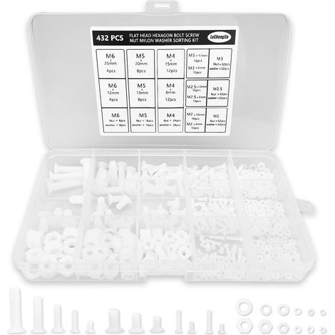 432 PièCes Vis, Assortiment Boulons Vis, Vis Nylon Blanc Assortiment De Vis Boulons Et éCrous Et Rondelles à TêTe Hexagonale Ronde à Filetage-M2/M2.5/M3/M4/M5/M6 Avec Une BoîTe En Plastique (1/5)