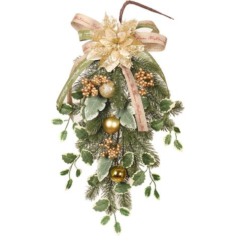 Artificial Christmas Teardrop Swag with Gold Flowers and White Edged Leaves for Door Decoration (1/2)