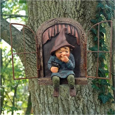 1 Statue de jardin, Gnome en résine, Ornement suspendu, Décoration extérieure, Pour arbre et clôture (1/5)