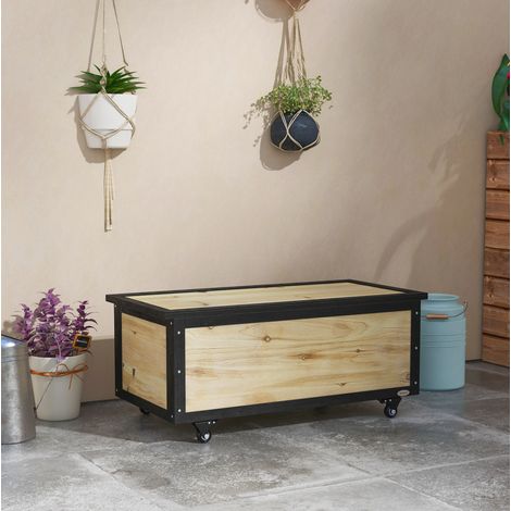Coffre de rangement extérieur 100x50x43 cm bois naturel en bois de sapin avec roues et couvercle à charnières (1/5)