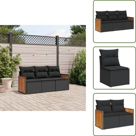 3-tlg. Garten-Sofagarnitur mit Kissen Schwarz Poly Rattan - Gartengestelle - Gartenmöbelset - Lounge Möbel - Rattan Gartenmöbel - Gartenlounge (1/5)