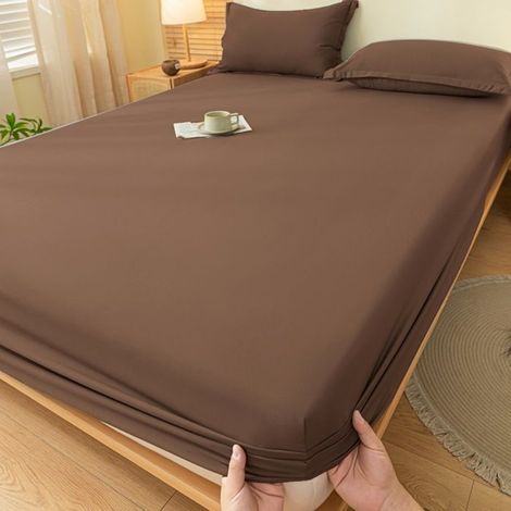 Drap-housse, housse de couette, couvre-lit uni en coton, protège-matelas (1 pièce) - marron - 90 x 200 cm (1/4)