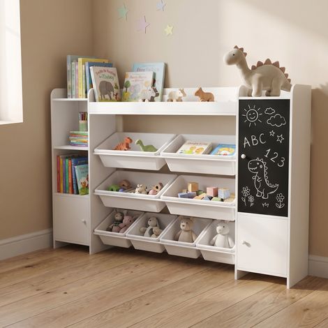 Bibliothèque enfant 137x30x94,5 cm, meuble de rangement enfant XXL, Organisateur de Jouets avec 8 bacs amovibles, Étagère Chambre Enfant avec tableau noir, Blanc