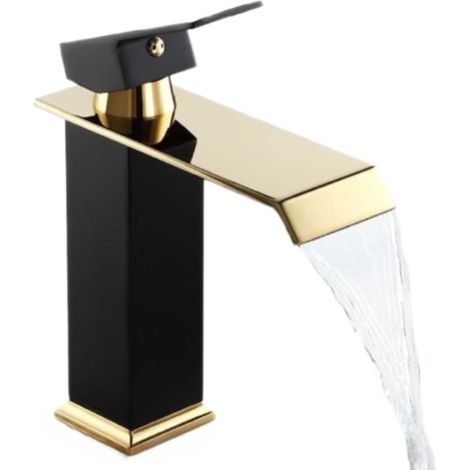 Robinet de lavabo monotrou, noir mat et or, en laiton massif, robinet d'eau chaude et froide pour lavabo de salle de bain (1/5)