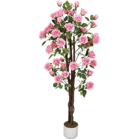 Arbre à Roses Artificiel 150 cm,Roses avec Tiges en Bois, Feuilles Tissu Polyester Réalistes, Plante Artificielle en Pot Décoration Maison Jardin Balcon (1/4)