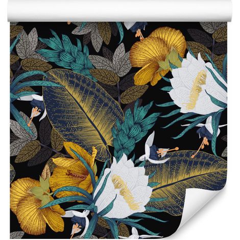 Tapete mit exotischen Blättern und Blumen für Wohn- und Schlafzimmer, 50 x 1000 cm (1/5)