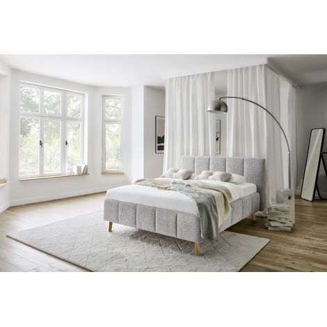 Meise Möbel Stauraumbett Alva 140x200 cm Bettkasten & Lattenrost Bouclé-Stoff Silver Holzfuß eichefarbig (1/5)