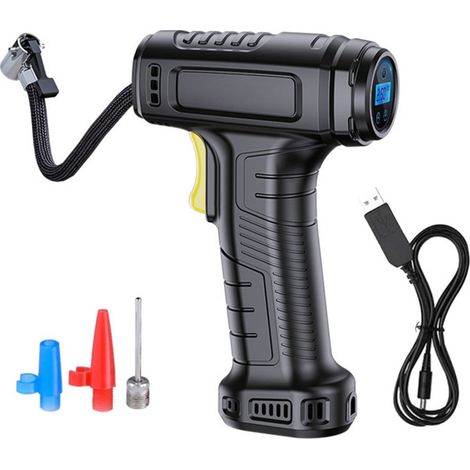 12V tragbarer Luftkompressor mit Manometer, LED-Licht und Düse, für Autos, Motorräder, Fahrräder, aufblasbares Spielzeug (schwarz)