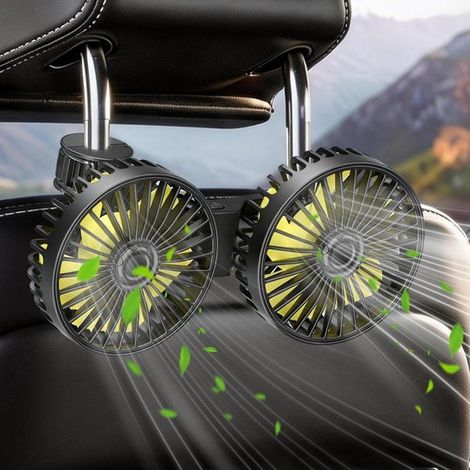 Ventilador de coche de doble cabezal，ajustable，giratorio 360 grados，12 voltios，3 velocidades，para asientos traseros，autocaravanas y barcos (1/5)