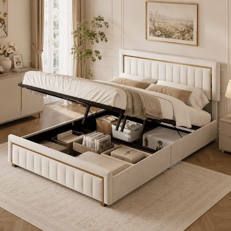 Lit double capitonné 140 x 200 cm avec coffre de rangement hydraulique, sommier à lattes, tête de lit, design vertical, coloris doré, velours beige (1/5)