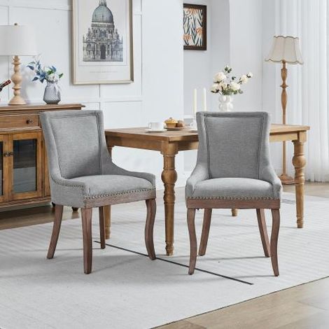 A&A Furniture, Sedia da pranzo Ultra Side, Sedie con rivestimento in tessuto spesso e gambe in legno massello dai toni neutri, Borchie in bronzo, Set da 2, Grigio, DE1807GY