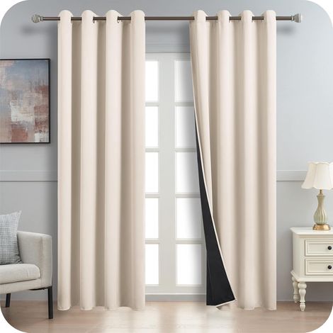 Thermal Blackout Curtain Thermal Curtain Anti-Heat/Cold Beige Thick Fabric with Black Lining Light Blocking 100% with Eyelets, 140 x 245 cm (L x H), 2 Pieces (1/5)