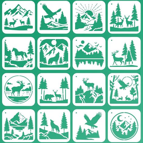 Lot de 16 pochoirs muraux réutilisables en forme d'animaux de la forêt, modèles de montagne, 15 x 15 cm, motif loup, cerf, aigle, pin, pour peinture, toile, meubles, patio, décoration (1/5)