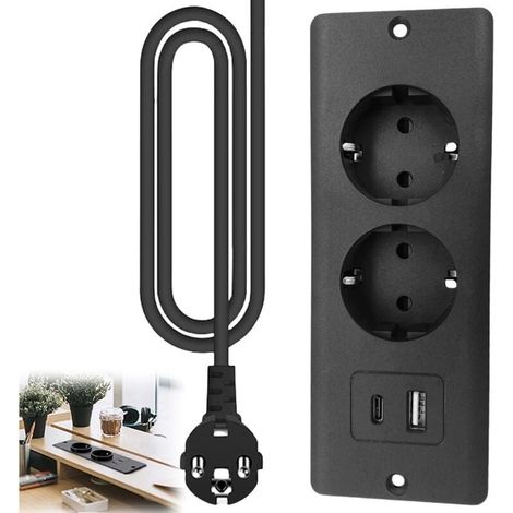 Prise de bureau encastrée, multiprise encastrée PD20W avec 1 port USB et 1 port Type-C, prise rétractable avec câble de 1,5 m, noir (1/4)