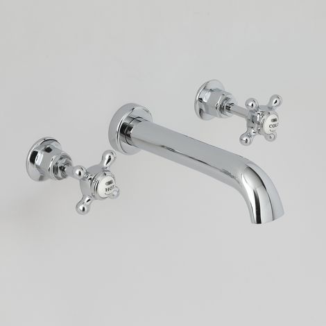 Hudson Reed – Robinet lavabo mural rétro 3 trous – Finition chromée et blanche – Commandes croisillon en céramique – Laiton massif sans plomb