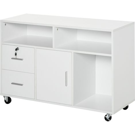 Meuble porte imprimante sur roulettes avec 2 tiroirs fermant à clé, 3 étagères et armoire, meuble d'imprimante pour documents de bureau et d'étude, 100x35x65 cm, blanc (1/5)