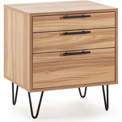 Table de chevet Alma 3 tiroirs couleur bois, pieds métal (1/5)