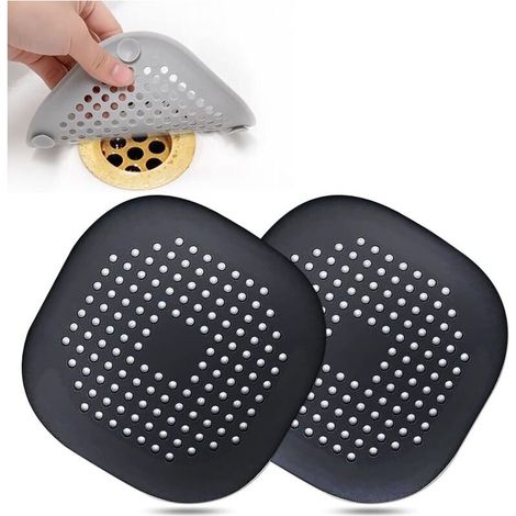 Haarfangsieb für Duschabflüsse, quadratischer Duschabflussdeckel, Silikon-Haarstopper mit Saugnapf, einfach zu montieren für Badezimmer, Badewanne, Küche, 2er-Pack (schwarz) (1/5)