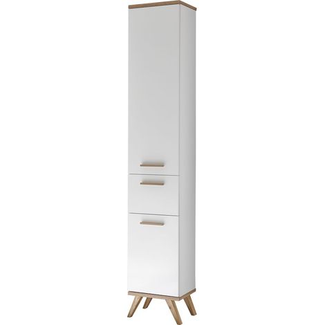 Badezimmer Hochschrank MALANJE-66 in weiß glänzend & Riviera Eiche quer Nb. - B/H/T: 35,5/205/33cm (1/5)