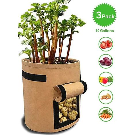 Sacs de plantation pour pommes de terre, tomates et autres légumes, tissu polaire respirant, jardinière avec rabat, fermeture velcro et poignée, 3 pièces, jardin, kaki - (1/4)