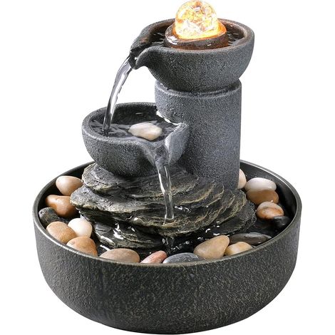 Fontaine de chambre, cascade d'eau 2 étapes, méditation, décorative, avec LED/pavés, boules de verre, sons apaisants pour le bureau et la maison (21098) (1/5)