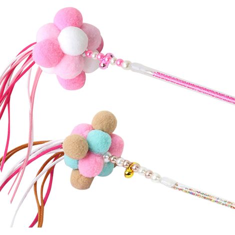 Lot de 2 boules de laine colorées, jouet pour chat avec clochette, franges arc-en-ciel et bâtonnet à mâcher fait main//
