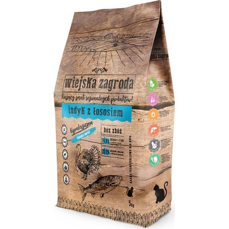 Nourriture sèche pour chats Wiejska Zagroda Nourriture à la dinde et au saumon 5kg