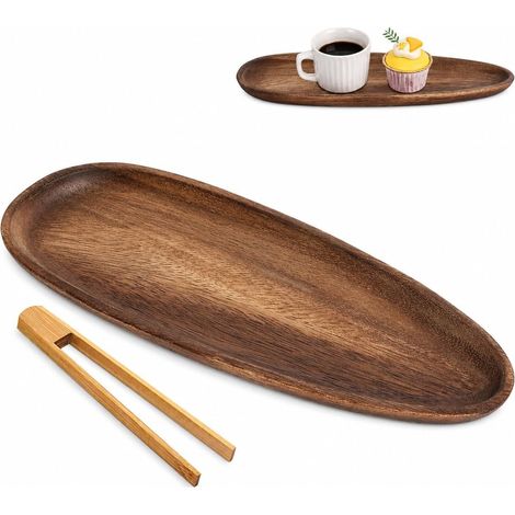 Plateau en bois de noyer 30 × 12 cm avec pince en bambou, ovale et massif Plateau en bois massif avec bord creux pour collations, noix, pain, café et décoration de table d'inspiration japonaise (1/5)