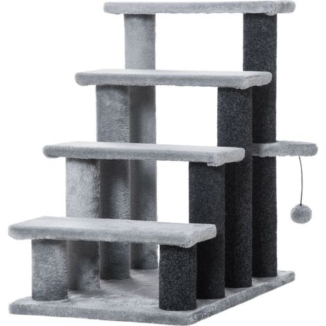 Escaliers pour chat/chien 60x40x64 cm , idéal animaux âgés. 4 marches avec balle jeu et plateforme en jute & peluche grise (1/5)