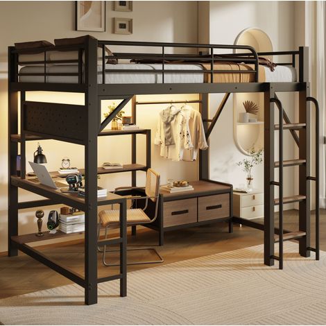 Hochbett 140x200 cm Schwarz – Robustes Stahlrahmen-Kinderbett mit Schreibtisch, LED-Lichtleiste, Lochwand und Aufbewahrung (1/5)