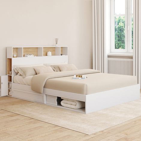 CLEM cama doble con espacio de almacenamiento + cabecero y somier 160 x 200 cm blanco y haya (1/5)
