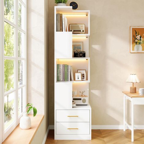 Meuble d'angle blanc 165 cm avec éclairage LED intégré, 2 tiroirs, étagère à 4 étages, colonne de rangement moderne pour séjour et chambre (1/5)