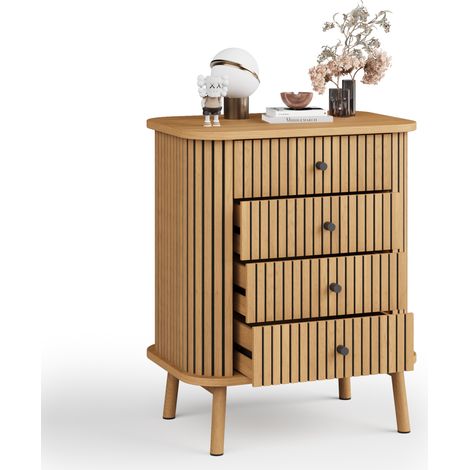 Commode 4 tiroirs cannelée bohème moderne - finition chêne naturel, poignées noires (1/5)