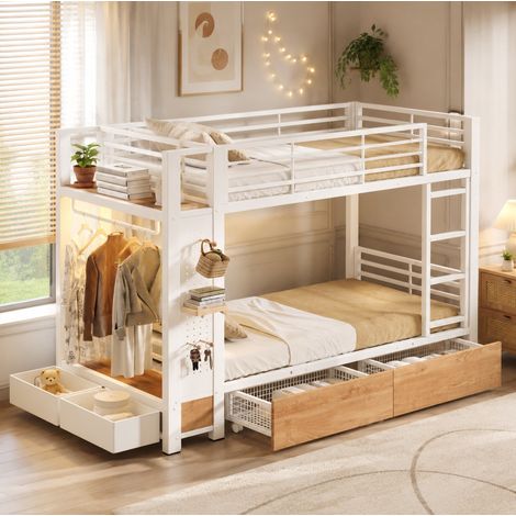 Letto a castello 90/200 cm bianco in metallo e MDF con LED e 4 cassetti (1/5)