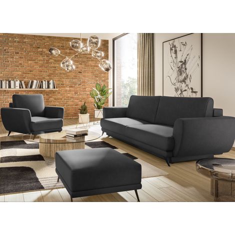 Ensemble canapé convertible simili cuirl noir Zora - 1 canapé 3 places + 1 fauteuil + 1 pouf (1/4)