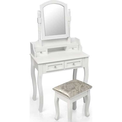 CONSOLLE PER MAKE UP CON SGABELLO E SPECCHIO QUADRATO 70X40X130CM COLORE BIANCO (1/2)