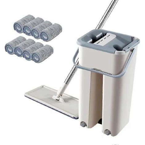 Balai à franges avec essoreuse et 4 lingettes en microfibre lavables. Système de nettoyage des sols pour une utilisation à sec ou humide. (1/5)