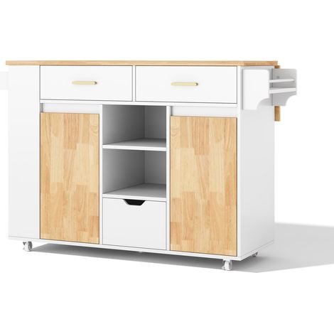 Isola da cucina mobile pieghevole in MDF bianco con 3 cassetti e ruote frenanti (1/5)