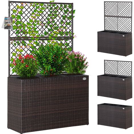 Casaria Macetero con Enrejado Rectangular Poliratán 3 Macetas Internas Extraíbles Drenaje de Agua Jardinera Interior Exterior Marrón (1/8)