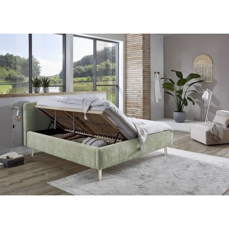 Meise Möbel Stauraumbett Mattis 180x200 cm Doppelbett Bettkasten & Lattenrost (Federholzrahmen) Strukturstoff Hellgrün Holzfuß sandfarbig (1/5)