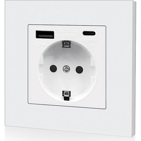 Wandsteckdose mit USB- und Typ-C-Anschluss, weiß, 220–250 V/16 A, Unterputzmontage, Raumsteckdosen – 86 x 86 mm