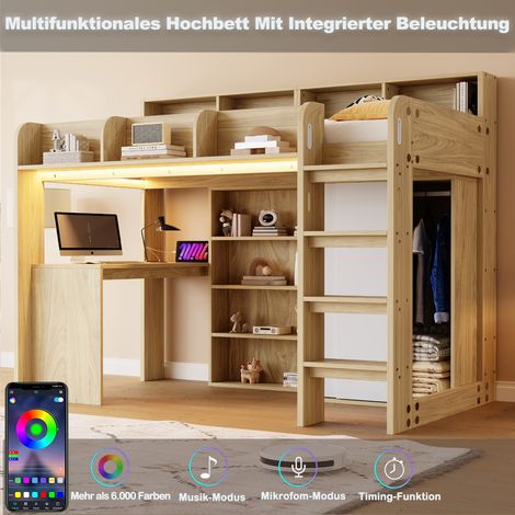 Lit mezzanine multifonction 90x200 cm avec bureau, armoire, rangements, éclairage LED, prise intégrée, sommier inclus, bois naturel (1/5)