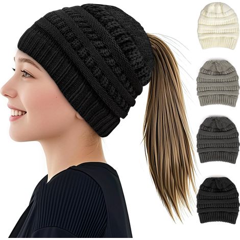 Wintermütze mit Pferdemotiv für Damen, Strickmütze für Zopf, Mütze für lockeren Dutt, warme Unisex-Mütze für Hochsteckfrisuren