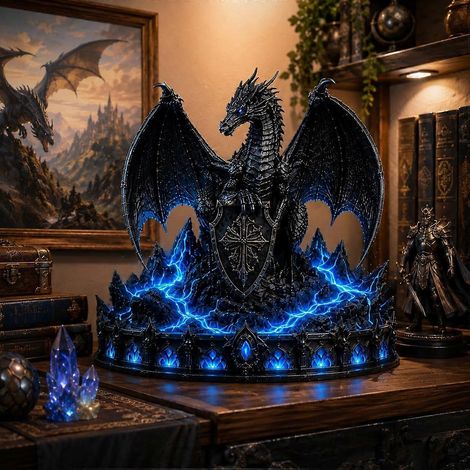 Lampe de bureau LED RUIYUE Dragon Gardien Géant, Statue de Dragon Noir Lumineuse, Ornement en Résine Lumineuse Effet Lave Volcanique, Décoration Intérieure Gothique et Fantastique (Colorée)