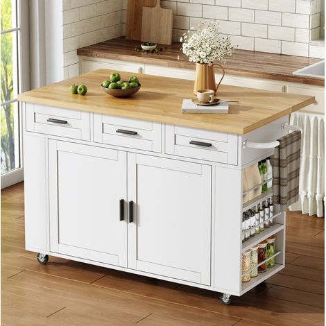 Isla de cocina de 120 x 45 (70) x 84 cm con tablero plegable, puertos USB, cajones y ruedas, MDF natural - blanco (1/5)