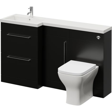 Napoli 390 Matt Black 1500mm 2 Drawer Vanity Unit Toilet Suite with Left Hand Square Lucia Basin - 1500mm - Chrome 320mm HandleWith Kingston Toilet Pan and Seat