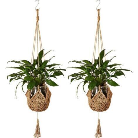 BUNTHAUS Paniers de Plantes à Suspendre en Corde de Jute Macramé Crochet pour Pot de Fleurs Mural avec Crochets de Suspension pour Décoration Intérieure 2 Pièces (1/4)