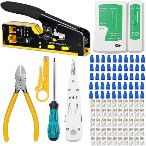 Kit d'outils réseau, pince à sertir RJ45 avec 50 fiches RJ45, testeur réseau, outil de pose LSA, pince à dénuder et kit de réparation pour câbles RJ45/RJ11/RJ12 (1/5)