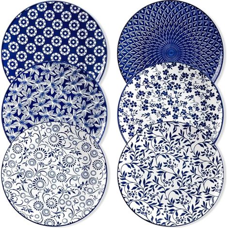 Assiettes Plates 26cm, Assiettes à Dîner en Porcelaine Bleu et Blanc, Style Chinois, Passe au Micro-ondes, Four, Lave-vaisselle (1/5)
